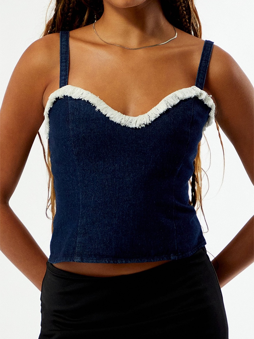 PacSun Dark Blue Denim Fringed Sweetheart Cami